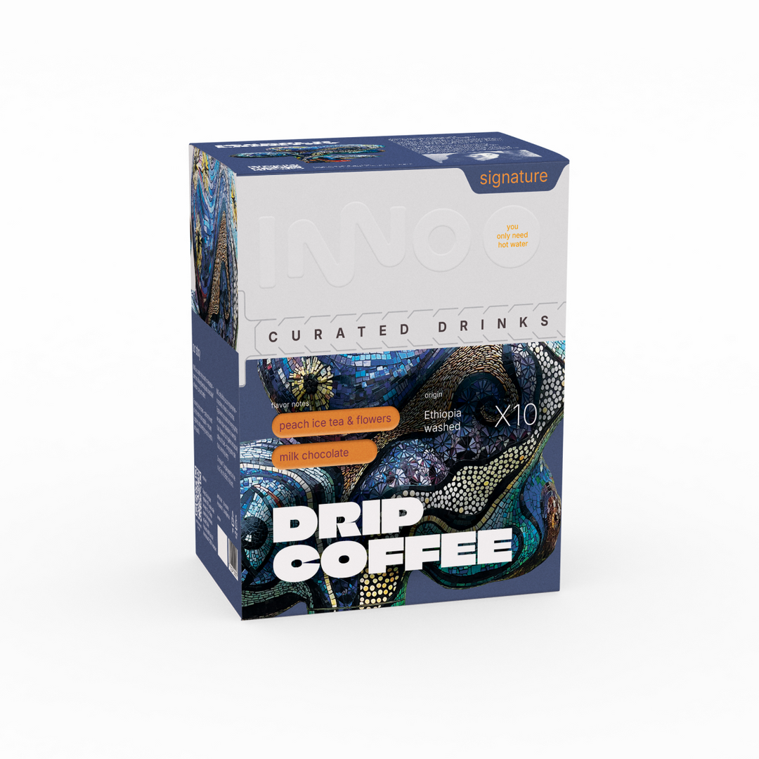 Box of spesialty drip coffee with decorative design of a custom artistic collection. Signature line.