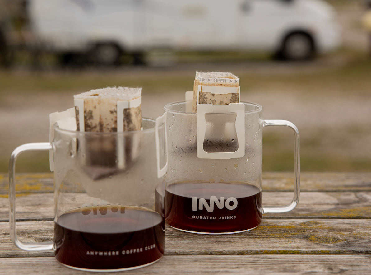 Coffee drip bags brewing outdoor