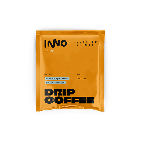 INNO drip specialty decaf coffee sachet on a white background