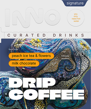 INNO drip specialty  coffee package with colorful design and text about drinks and coffee. Limited  edition